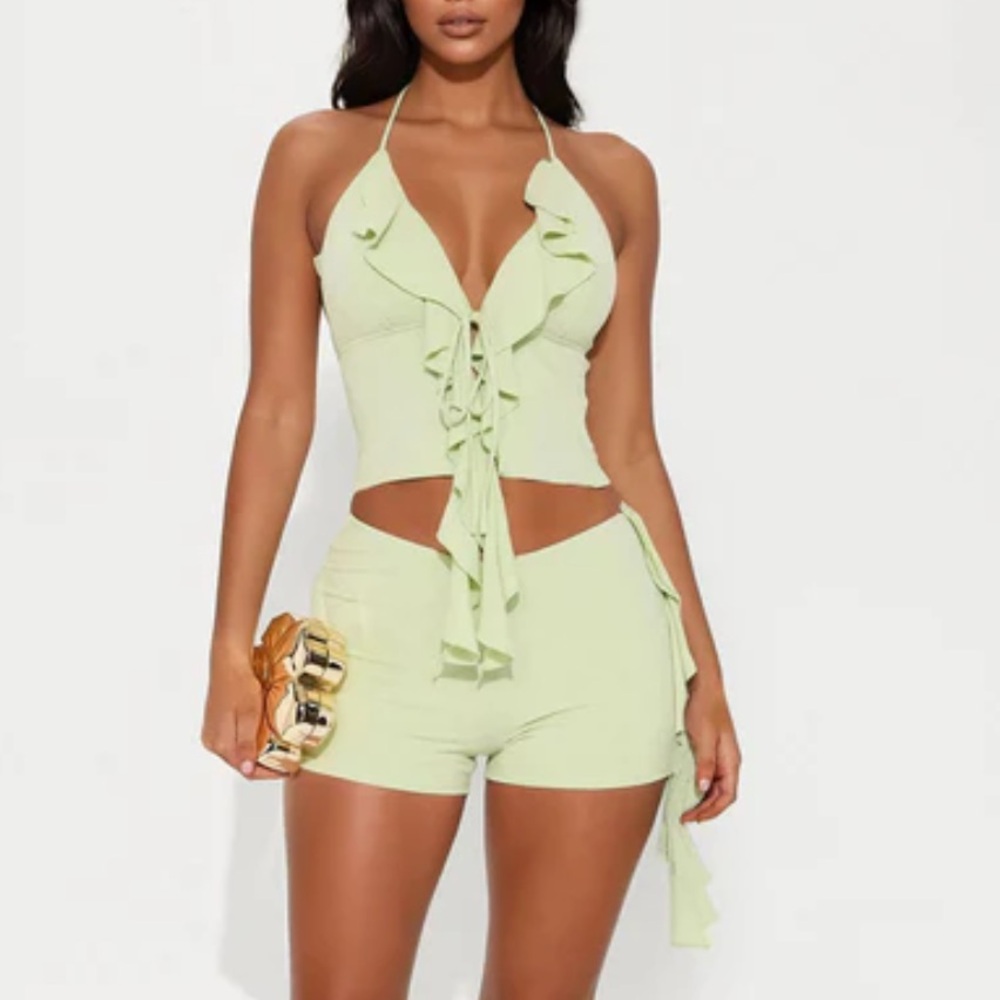Stylish Light Green Ruffle Halter Top and Shorts Set